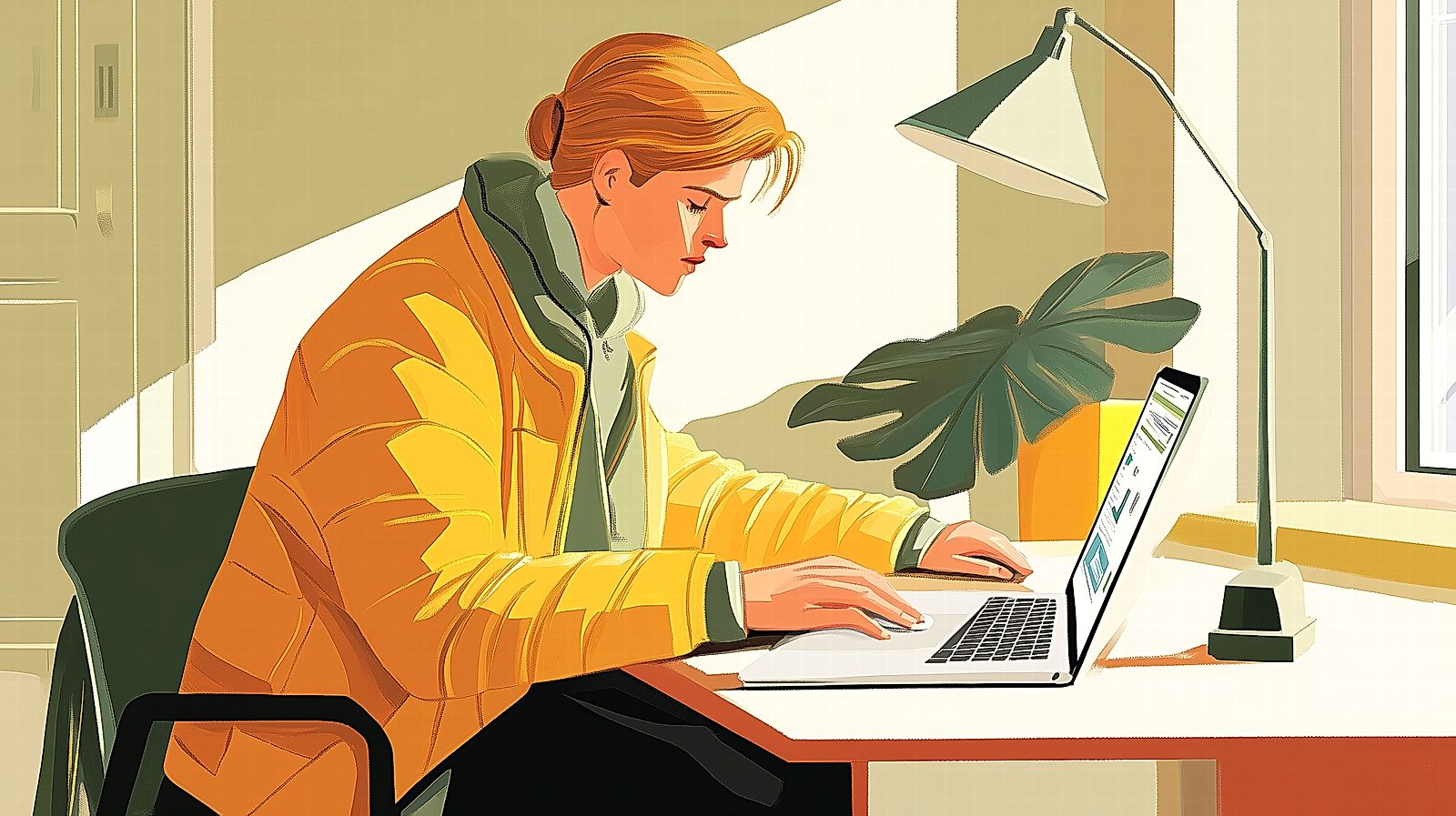 The image features a woman seated at a home office desk deeply focused on her laptop.