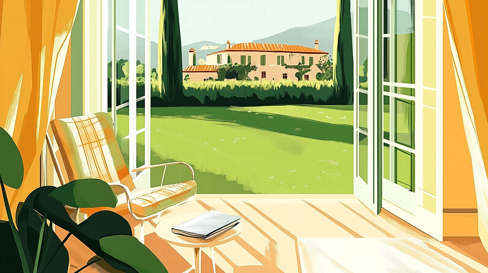 The image is a vibrant illustration depicting a serene and sunny scene viewed from the interior of a house looking out through large open windows to a lush garden.