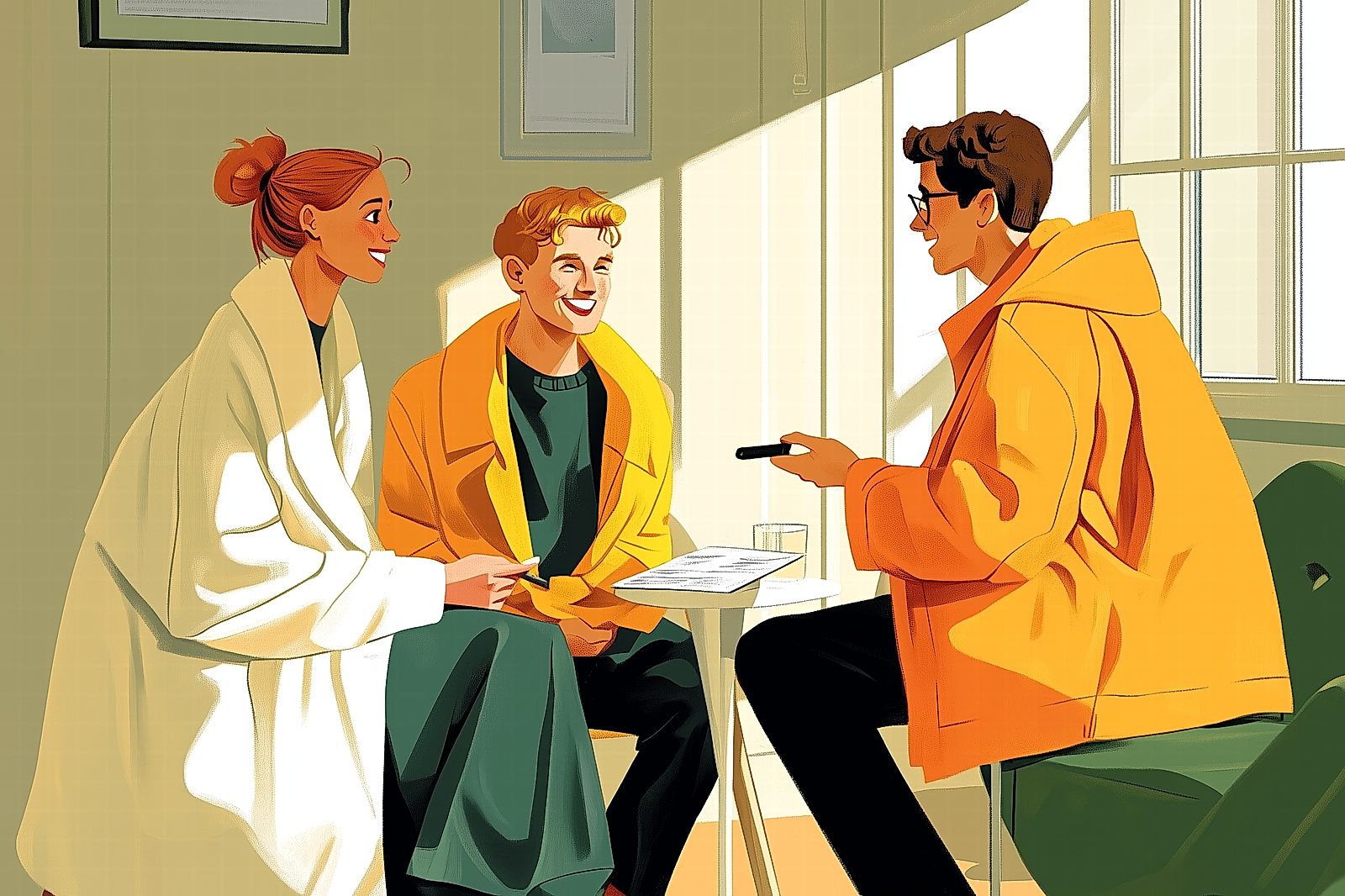 The image depicts a scene of three young adults engaged in a pleasant conversation around a table in what appears to be a sunny, indoor setting.